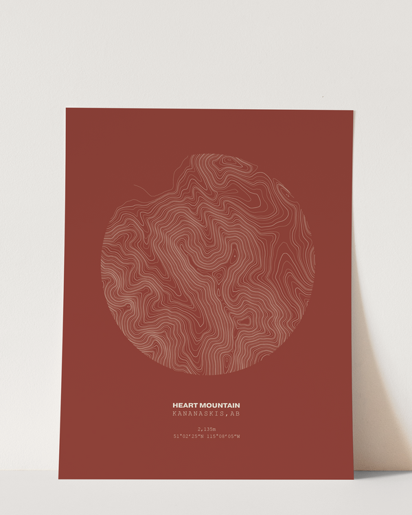Heart Mountain Topographical Print in Dark Red 8x10