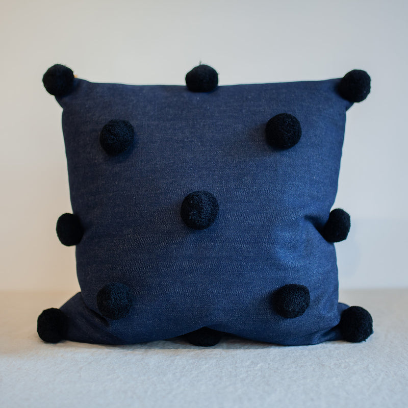 Denim Pillow with Black Pom Poms 20"x20"
